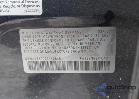 2007 Volkswagen Passat Wolfsburg Edition из США, поврежденный, VIN WVWAK73C07P140645